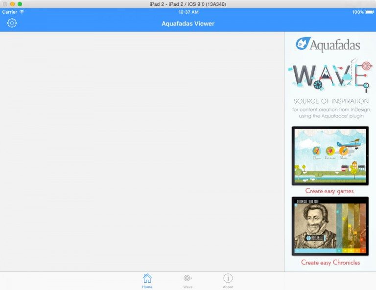 Le Viewer d'Aquafadas à l'horizontale dans le simulateur.